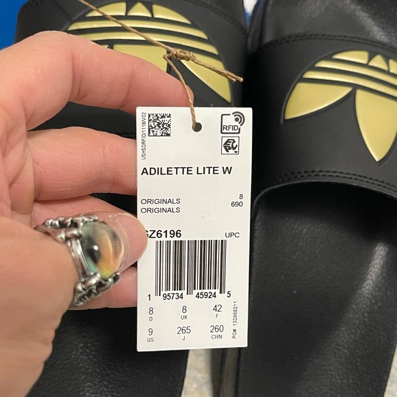 NIB Men Sz 8/Women Sz 9 (Euro Sz 42) Adidas Adilette Lite Slides In Black/Gold - Picture 10 of 13
